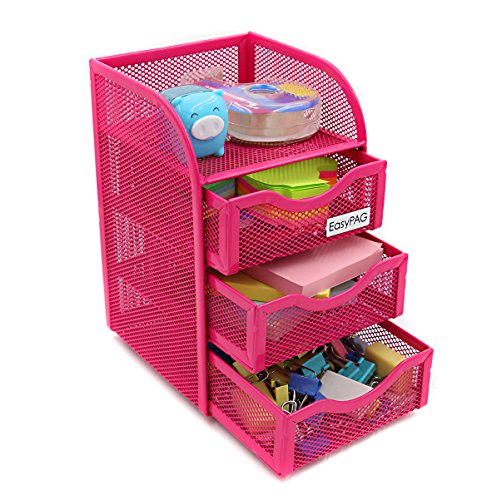 EasyPAG Mesh Desk Accessorie Organizer 3 Drawer Office Supplies Caddy, Pink