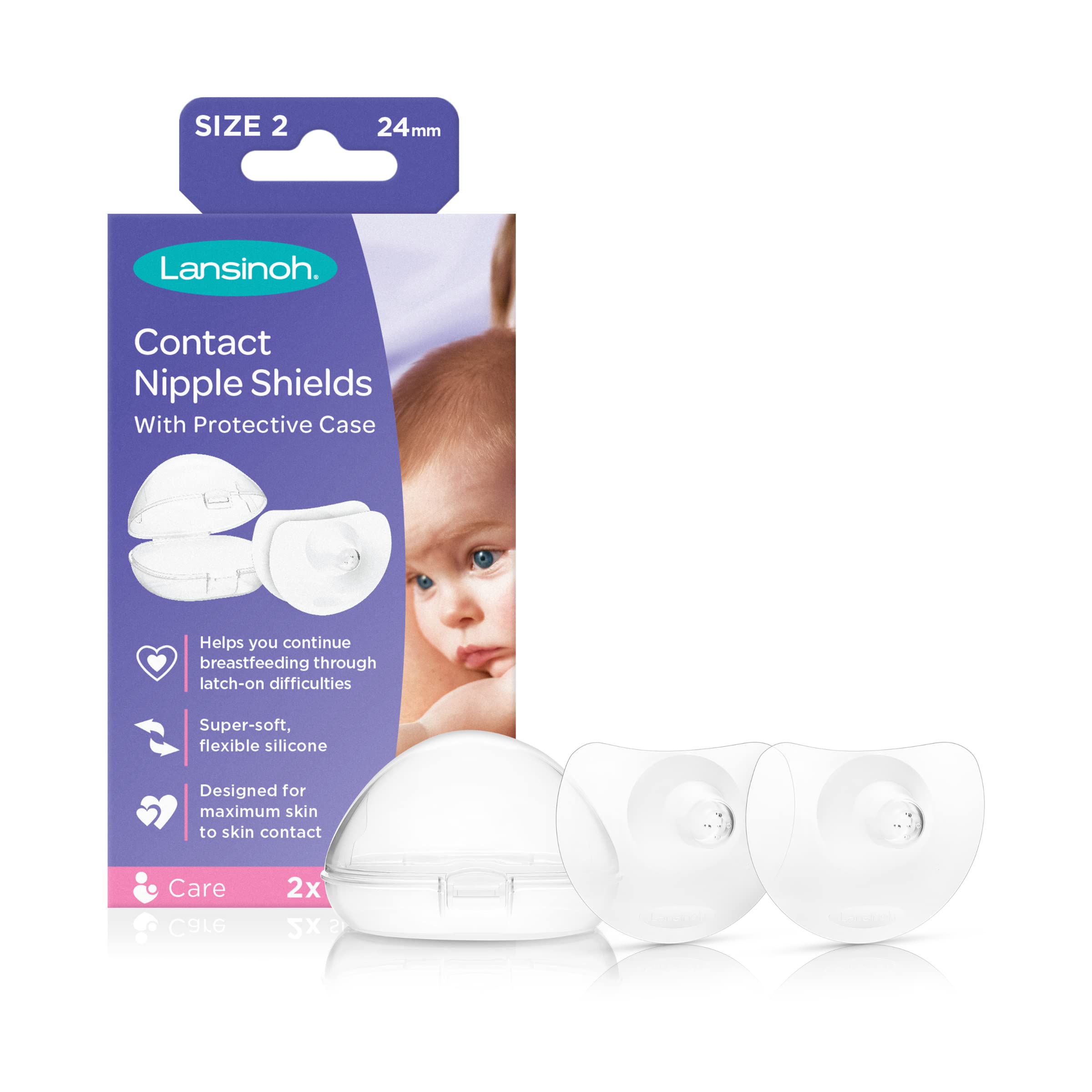 Book Cover Lansinoh Contact Nipple Shields for Breastfeeding, 2 Nipple Shields (24mm) and Case 2 Count (Pack of 1) 24mm