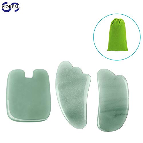 Gua Sha Jade Tools 3Pcs Natural Jade Guasha Board for Facial Skincare Ultra Smooth Edge Gua Sha Scraping Massage Tool Home Physical Therapy Tools for SPA Acupuncture Therapy Trigger Point Treatment