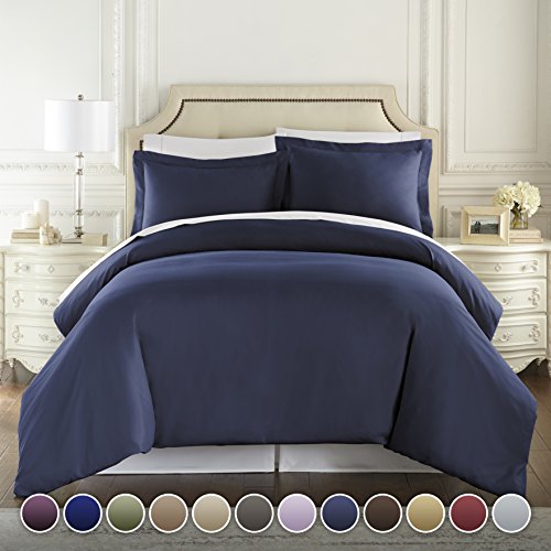 Book Cover Danjor linens Hotel Luxury 3pc Duvet Cover Set-1500 Thread Count Egyptian Quality Ultra Silky Soft Premium Bedding Collection -Queen Size Navy Blue