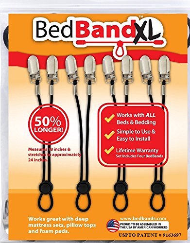 Book Cover Bed Bandxl. Not Made in China. USA Worker Assembled. 50% Longer. Smooth Sheets on Any Bed. Bed Sheet Band, Holder, Gripper, Suspender, Strap. Sleep Better. 1 Pack (4 Bands) Blackxl-18