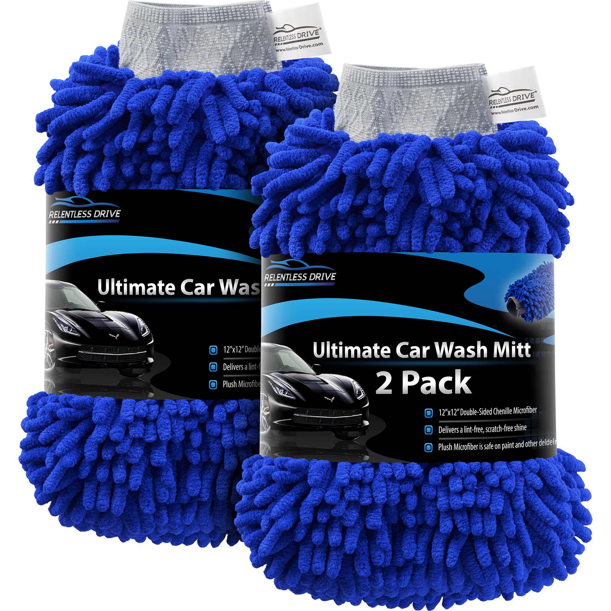Relentless Drive Premium Car Wash Mitt (2-pack, Extra Large) - Car Wash Sponge - Chenille Microfiber Car Wash Mitt Scratch Free - Ultra Absorbent Microfiber Mitt for Cars, Trucks, SUVs, Boats & Motorcycles Extra Large, 2 pack
