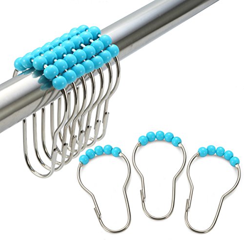 Amazer Shower Curtain Hooks Rings, Stainless Steel Shower Curtain Rings and Hooks for Bathroom Shower Rods Curtains-Set of 12-Blue