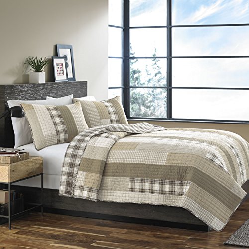 Book Cover Eddie Bauer Home | Fairview Collection | 100% Cotton Reversible & Light-Weight Quilt Bedspread With Matching Shams, 3-Piece Bedding Set, Pre-Washed For Extra ComfortKingSand