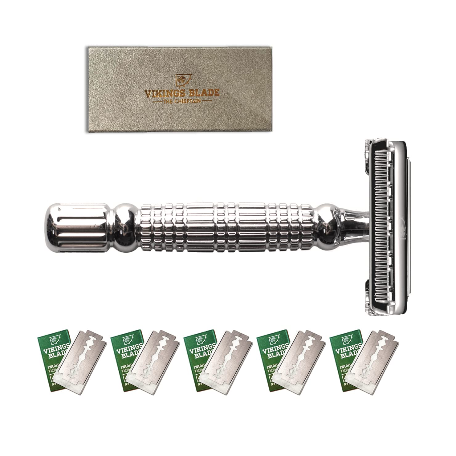 Book Cover Double Edge Safety Razor by VIKINGS BLADE, Fat & Short Handle, Swedish Steel Blades Pack + Luxury Case. Twist to Open, Heavy Duty, Reduces Razor Burn, Smooth, Close, Clean Shave (Model: The Chieftain) Chromium Silver