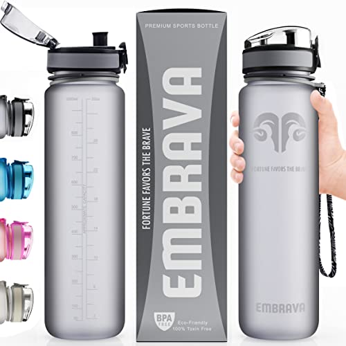 Embrava Best Sports Water Bottle - 32oz Large - Fast Flow, Flip Top Leak Proof Lid w/ One Click Open - Non-Toxic BPA Free & Eco-Friendly Plastic - For Men & Women
