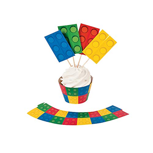 Color Building Brick Party Cupcake Wrappers with Picks - 50 of Each