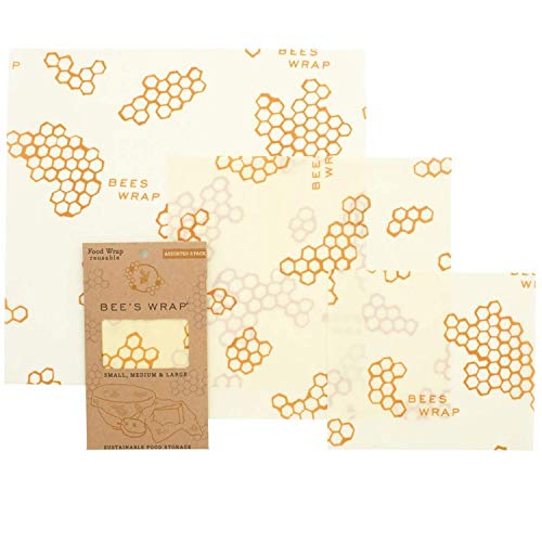 Beeâ€™s Wrap â€“ Assorted Set of 3 â€“ Certified B Corporation â€“ No Synthetic Wax or Chemicals â€“ Holds for Up to a Year â€“ Sustainable and Reusable Beeswax Food Wraps with Jojoba Oil â€“ 3 Sizes (S, M, L)