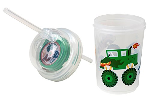 nuspin kids 8 oz Sip & Spin Straw Cup + Bonus Zoomi Straw, Monster Trucks Race When You Drink