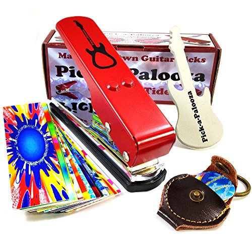 Pick-a-Palooza DIY Guitar Pick Punch Mega Gift Pack - the Premium Guitar Pick Maker - Includes Leather Key Chain Pick Holder, 15 Pick Strips and a Pick File - Red
