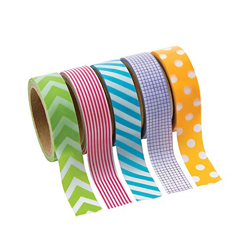 Fun Express - Primary Patterned Washi Tape - Craft Supplies - Scrapbooking Embellishments - Misc Scrapbooking Embellishments - 5 Pieces