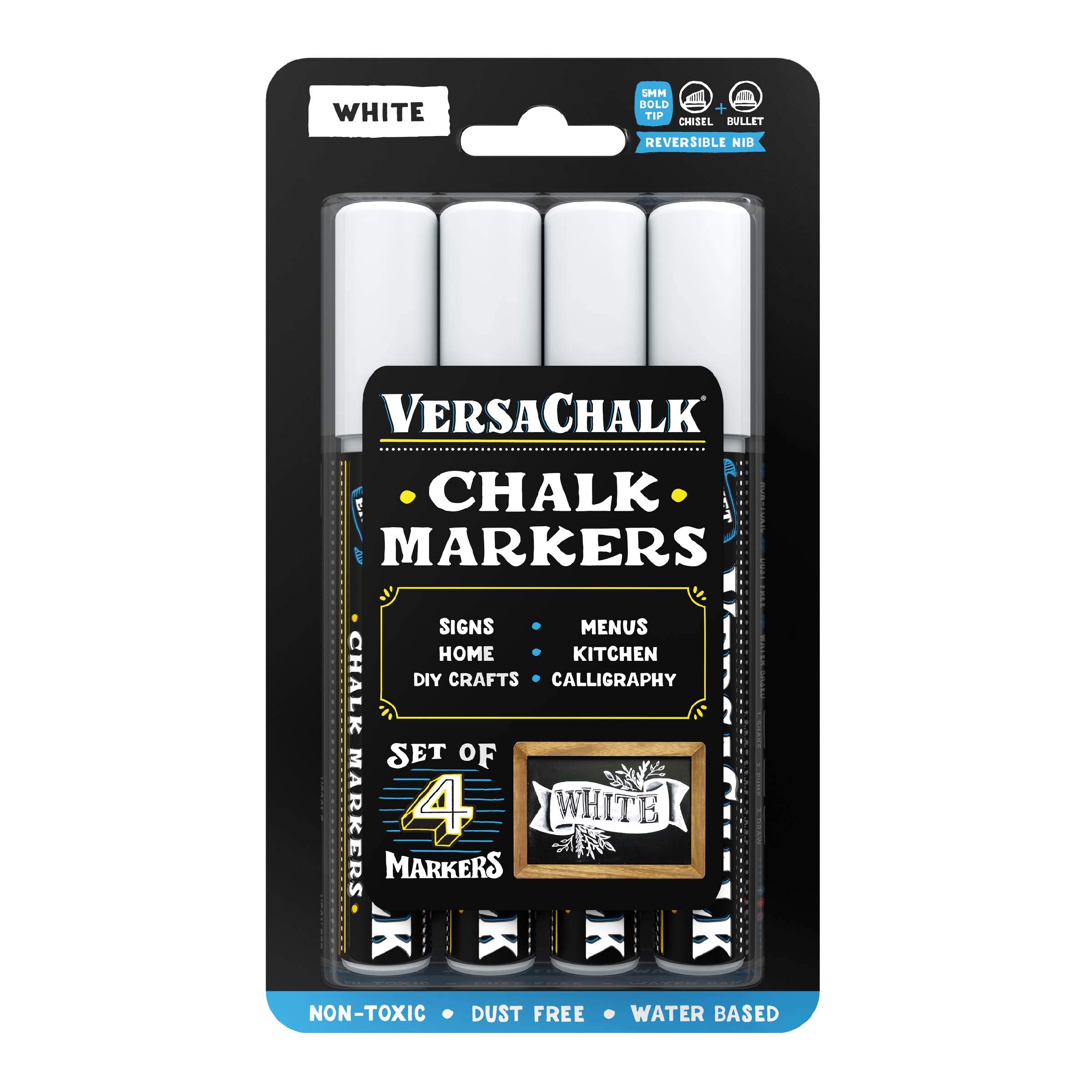 VersaChalk White Chalkboard Chalk Markers - Wet Erase Dustless Chalk Ink Paint Marker for Blackboard, Dry Erase White Board, Chalkboard Sign (BOLD 5mm, 4/SET) BOLD 5mm, 4/SET White
