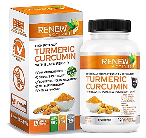 Renew Actives Double Strength Turmeric + Black Pepper 1300mg Turmeric Curcumin Supplement. Natural Joint Support
