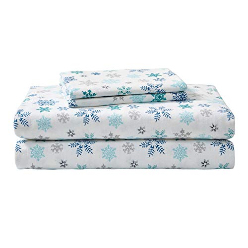 Book Cover Eddie Bauer - Flannel Collection - Cotton Bedding Sheet Set, Pre-Shrunk & Brushed For Extra Softness, Comfort, and Cozy Feel, Twin, Tossed Snowflake