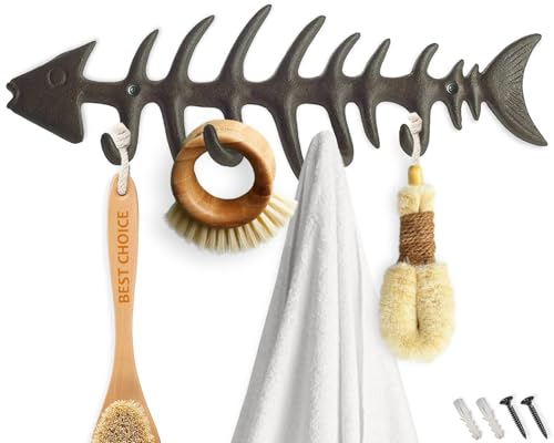 Comfify Fish Bones Wall Mounted Towel Rack – Stylish Cast Iron Hanger with 4 Hooks for Towels, Robes, and More – Includes Screws and Anchors – Brown