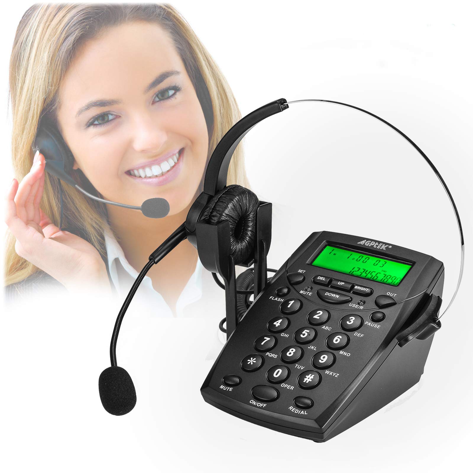 Book Cover AGPtek® Call Center Dialpad Headset Telephone with Tone Dial Key Pad & REDIAL Black