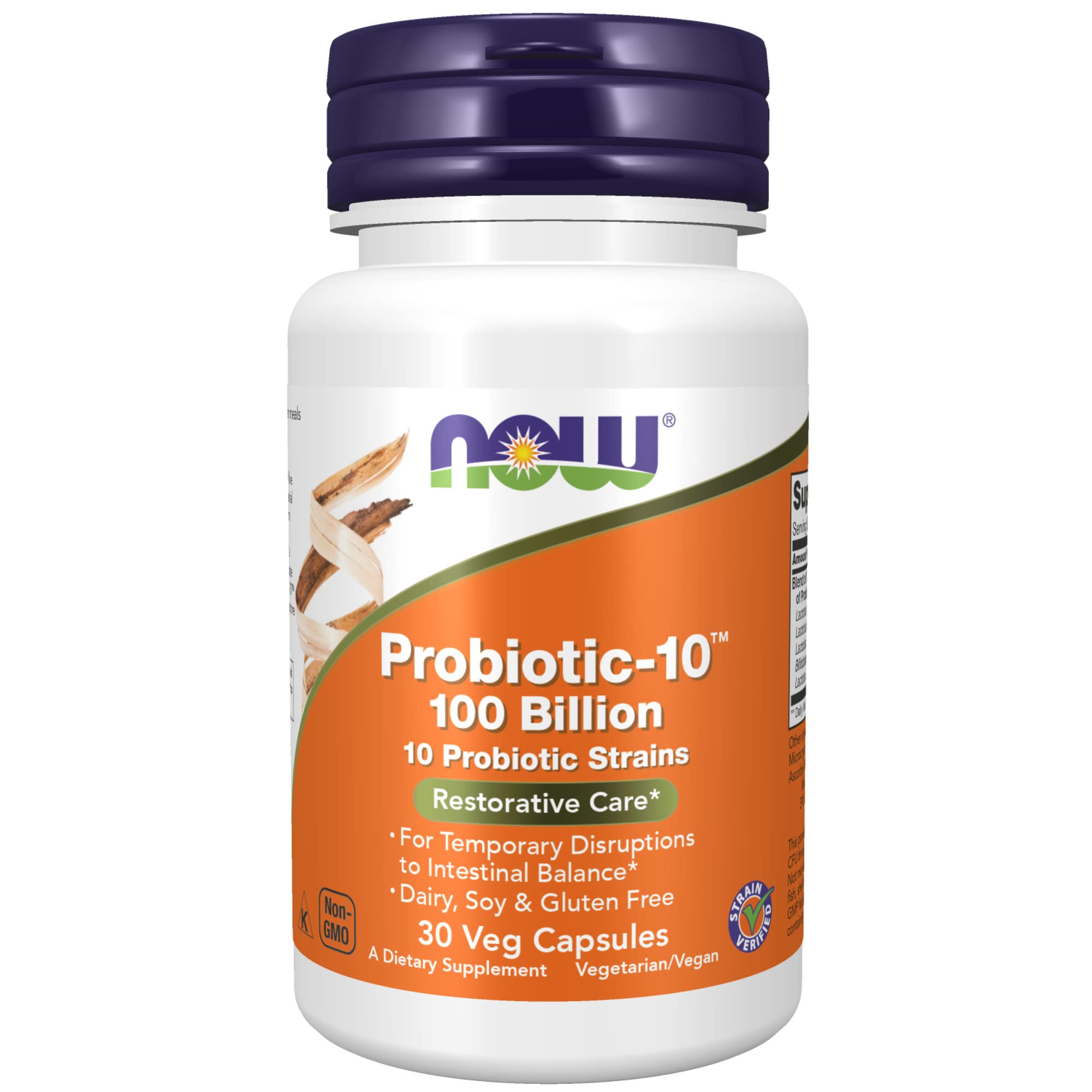 Book Cover NOW Supplements, Probiotic-10™, 100 Billion, with 10 Probiotic Strains,Dairy, Soy and Gluten Free, Strain Verified, 30 Veg Capsules