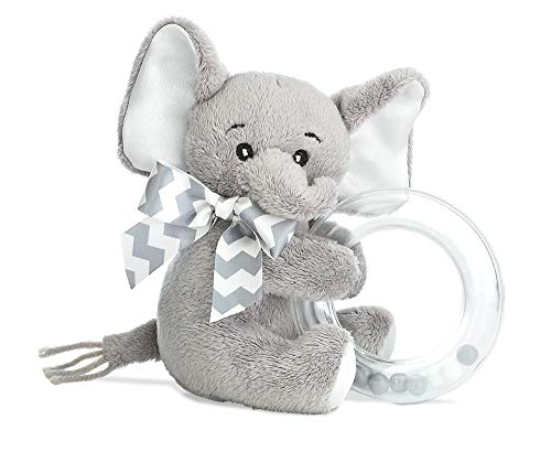 Book Cover Bearington Baby Lil' Spout Plush Stuffed Animal Gray Elephant Shaker Toy Ring Rattle, 5.5 inches