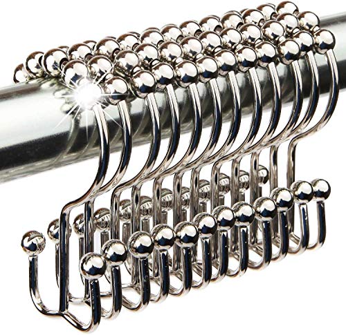 nikkouware Shower Curtain Hooks Stainless Steel Set of 12 - Dual Polished Chrome Rings - Hangs Both Shower Curtain and Liner - Sturdy Easy Slide on Long Tension or Curved ​​​​​​​Bathroom Shower Rod