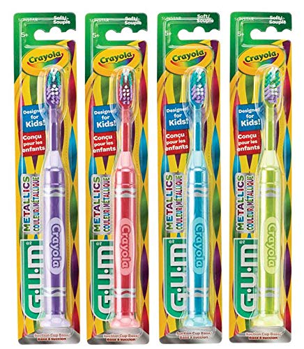 GUM Crayola Neon Marker NEW METALLIC COLORS Child Toothbrush with Suction Cup 4 Pack, Soft