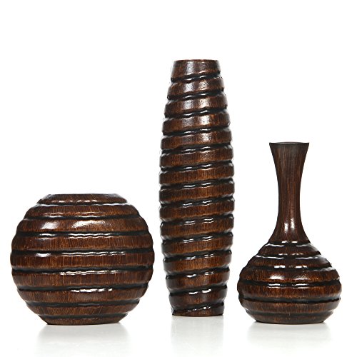 Book Cover Hosley Set of 3 Carved Wood Vases Small 6 Inch Medium 8 Inch and Tall 12 Inch High Ideal Gift for Wedding and Use for Home or Office Decor Fireplace Floor Vases Spa Aromatherapy Settings O9