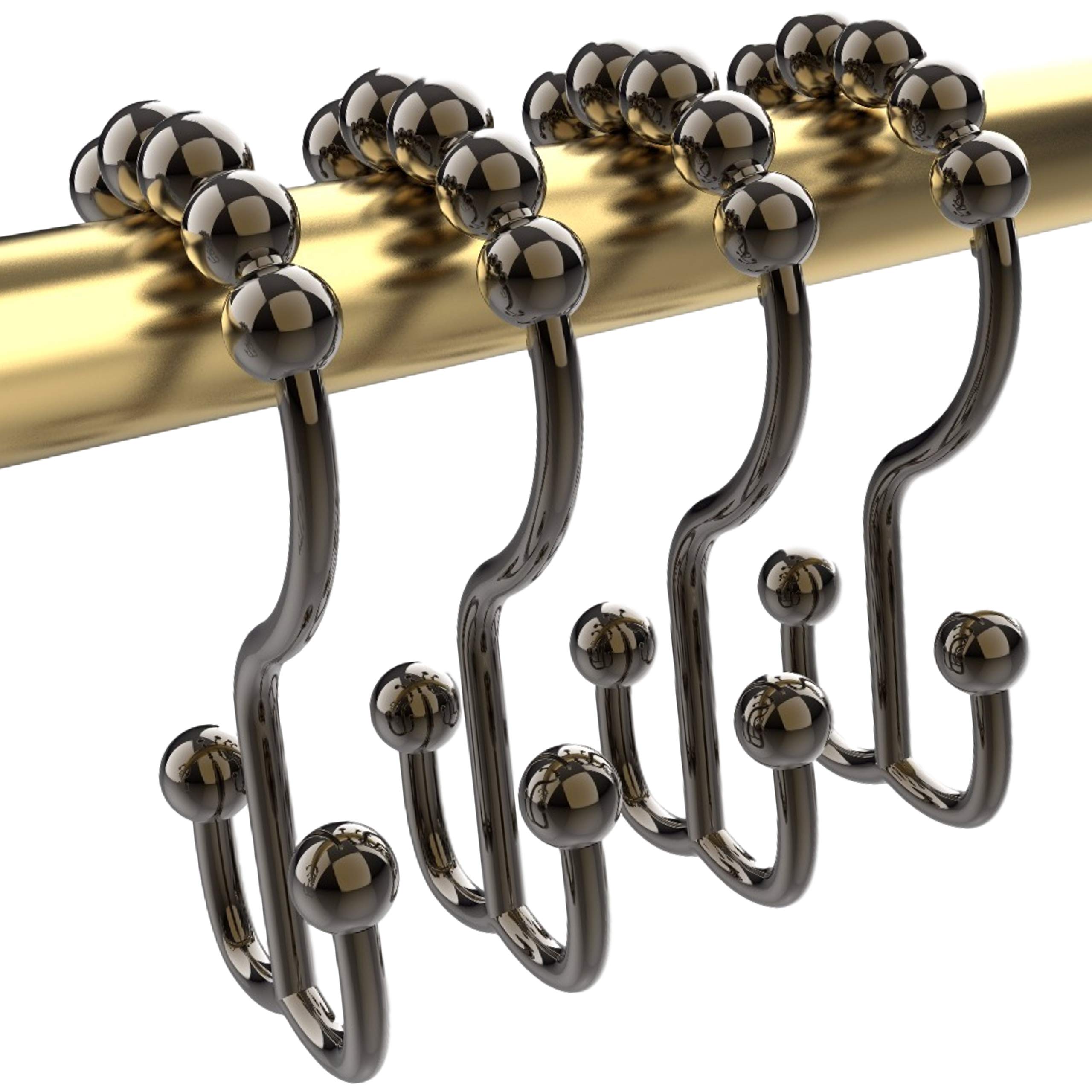 Shower Curtain Hooks Rings, Rust-Resistant Metal Double Glide Shower Hooks for Bathroom Shower Rods Curtains - Set of 12 Hooks - Oil Rubbed Bronze
