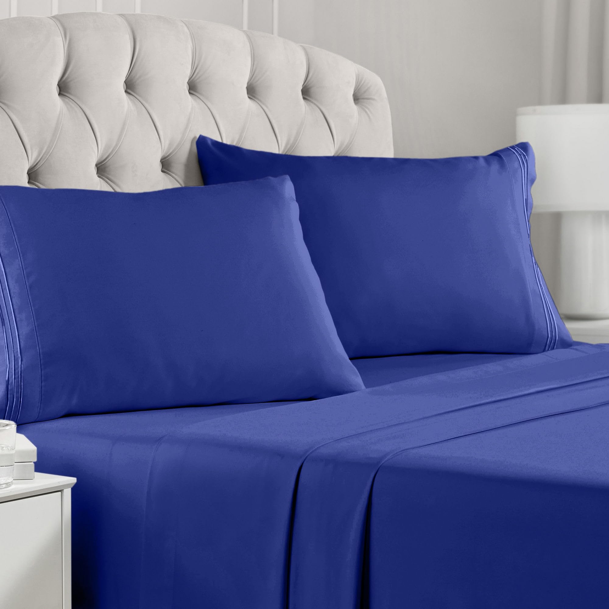 Book Cover Mellanni California King Sheets - Hotel Luxury 1800 Bedding Sheets & Pillowcases - Extra Soft Cooling Bed Sheets - Deep Pocket up to 16 inch Mattress - Easy Care - 4 Piece (Cal King, Imperial Blue)