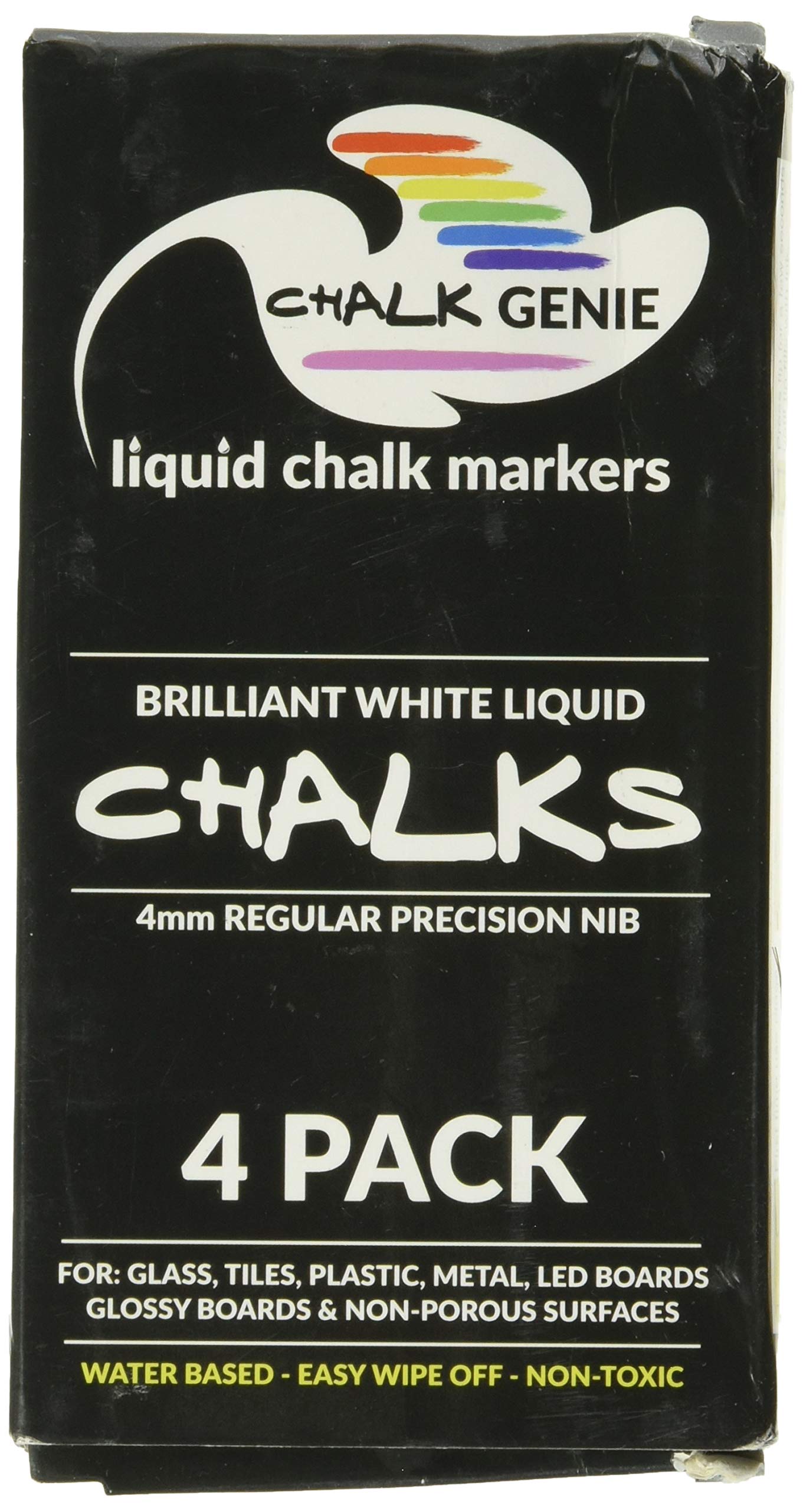 CLEARANCE! Brilliant White Liquid Chalk Markers - 6mm Bullet and Chisel Reversible Point Tip - Pack of 4 - Premium Quality Chalk Marker Pens - NON-POROUS Surfaces - NOT FOR CHALKBOARDS