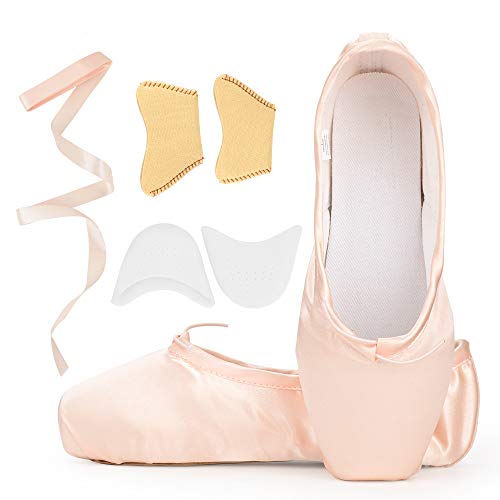 Book Cover Girls Womens Dance Shoe Pink Satin Ballet Pointe Shoes with Ribbon and Toe Pads (US3.5 (Foot length:8.26 inch))