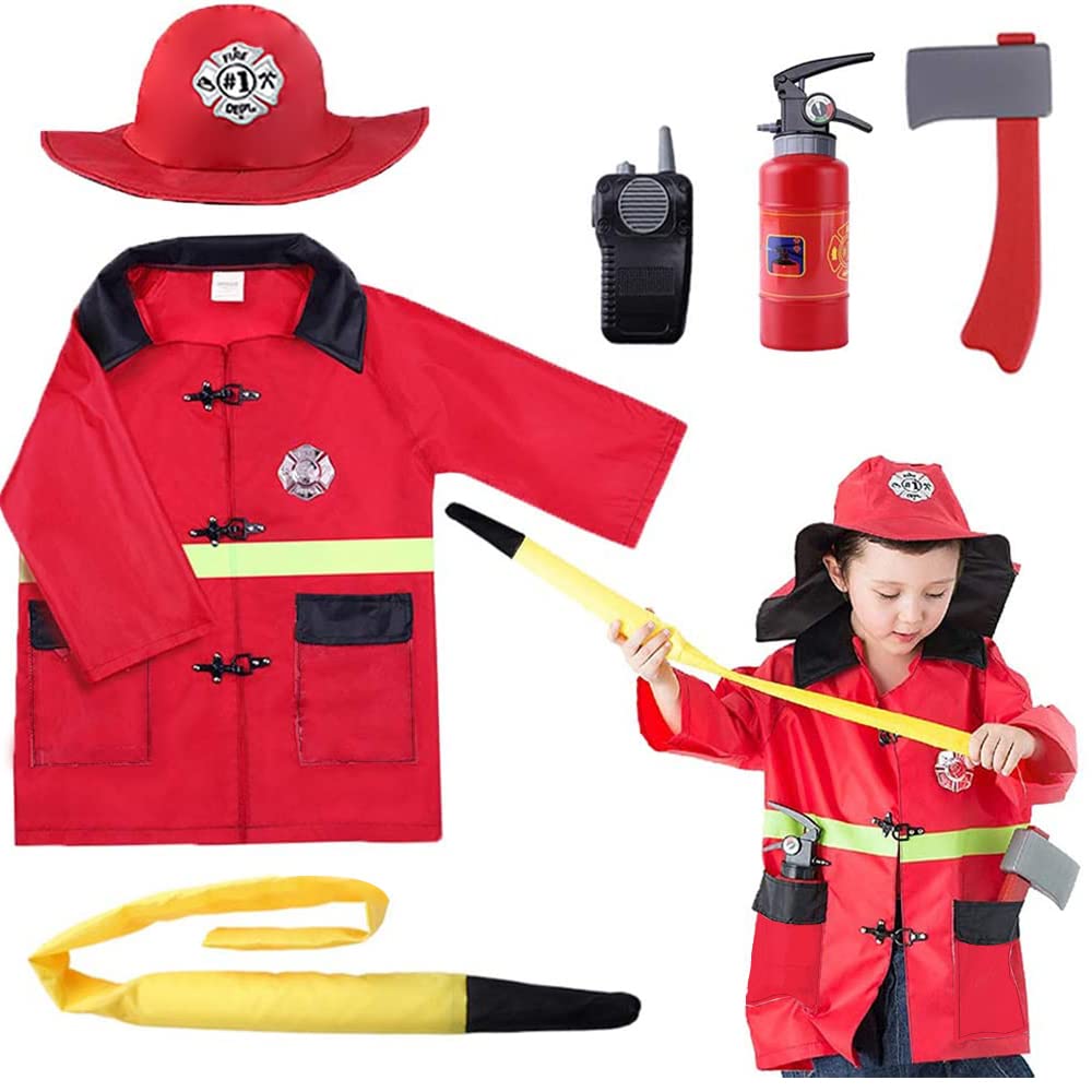 Book Cover iPlay, iLearn Kids Firefighter Costume, Toddler Fireman Dress up, Fire Pretend Chief Outfit, Halloween Role Play Career Suit W/ Walkie Talkie Hose, Party Birthday Gift for 3 4 5 6 7 Year Old Boy Girl