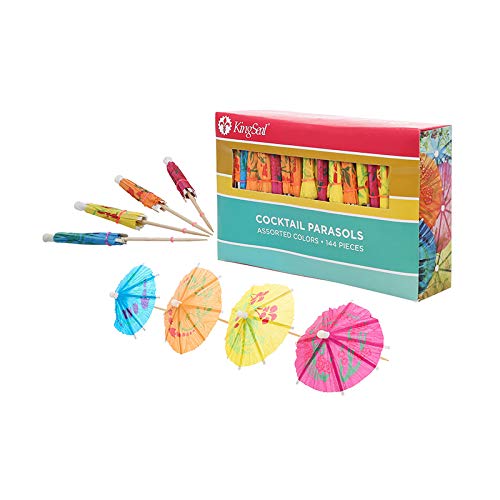 KingSeal 4 Inch Umbrella Parasol Cocktail Picks, Cupcake Toppers - 1 pack of 144 each, Assorted Colors and Designs