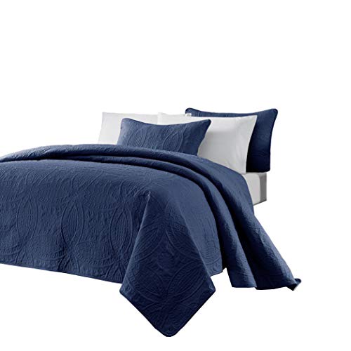 Chezmoi Collection Austin 3-Piece Oversized Bedspread Coverlet Set (Queen, Navy)