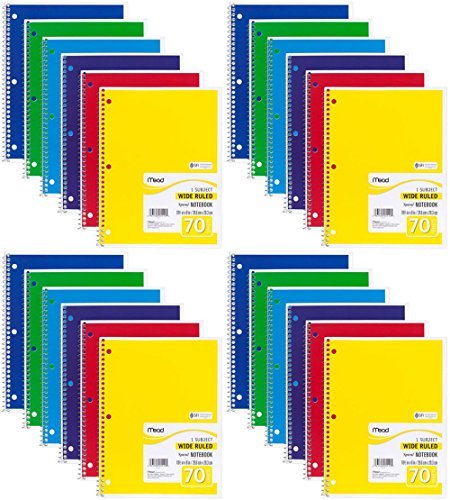 Book Cover Mead Spiral Notebook, Wide Ruled, 1 Subject, 70 Sheets, 8 x 10.5 Inches, Assorted Colors (05510) Pack of 24