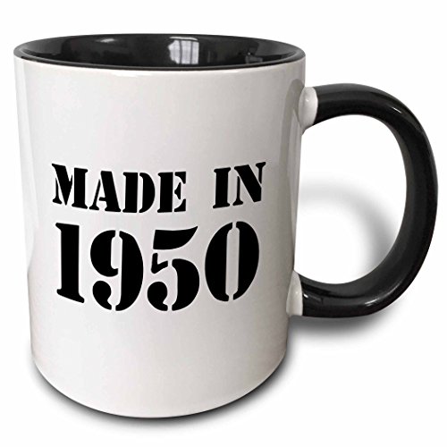 3dRose mug_162716_4 Made in 1950 Funny Birthday Birth Year Text Fun Black B'day Stamp with Year You Were Born Humor Two Tone Black Mug, 11 oz, Black/White