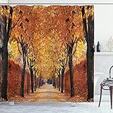 Ambesonne Autumn Shower Curtain, Pathway in The Woods Covered Dried Deciduous Tree Leaves Romantic Fall Season, Cloth Fabric Bathroom Decor Set with Hooks, 69" W x 70" L, Yellow Orange Brown