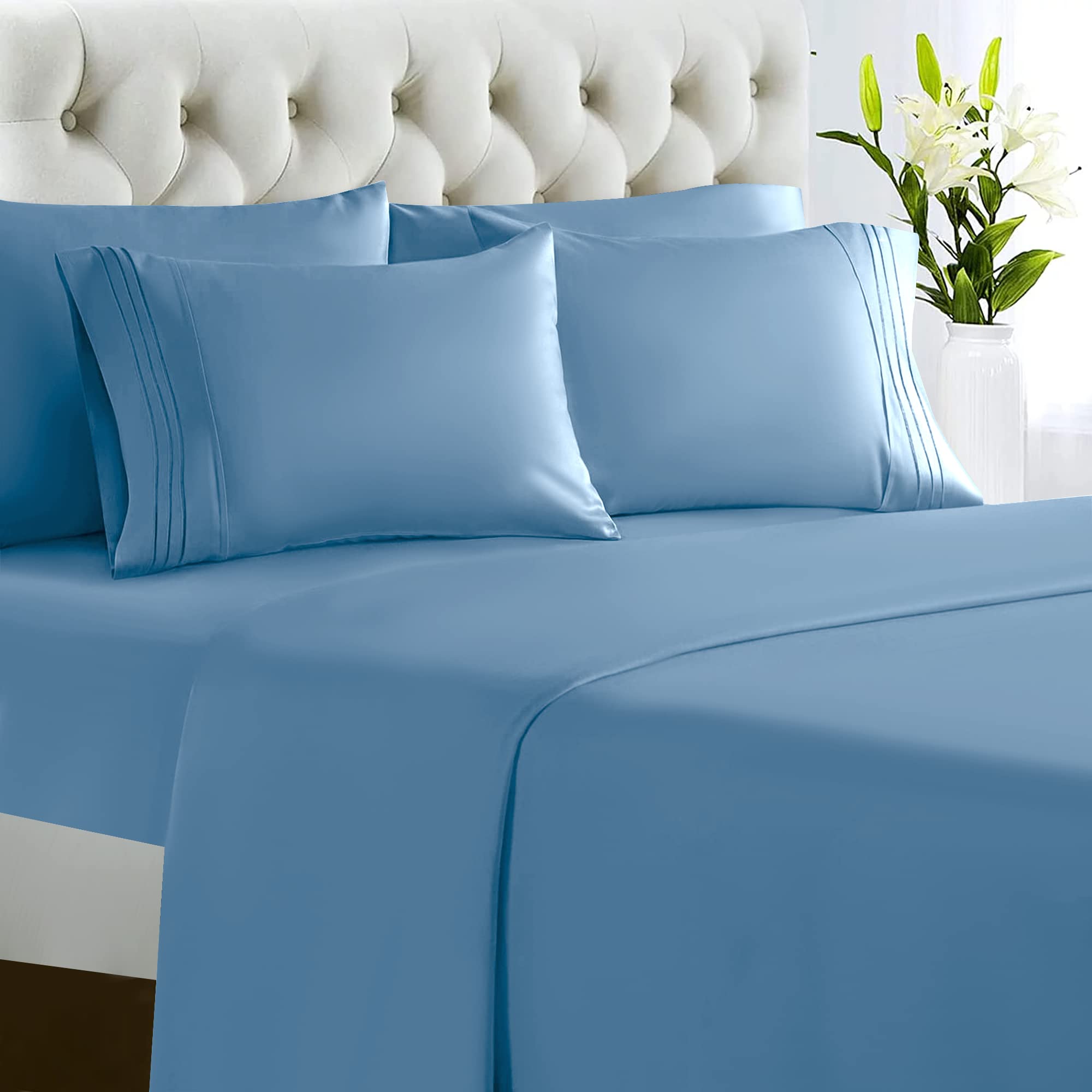 Book Cover Lux Decor Collection Bed Sheets - 6 Pc Sheets for Queen Size Bed - 1800 Thread Count Brushed Microfiber Sheets - 16 Inches Deep Pocket Bedding Sheets & Pillowcases|Lightweight Sheets| Queen Sheets Embroidery Blue Queen