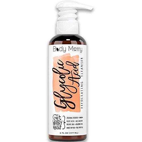 Book Cover Body Merry Glycolic Acid Cleanser - Best Exfoliating Face Wash - 6 OZ - 2.5 % Glycolic Acid + Salicylic Acid + Kojic Acid + Jojoba Beads & Oil + MSM - Reduces Fine Lines & Wrinkles