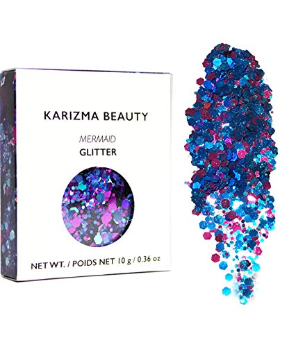 KARIZMA Holographic Mermaid Glitter. 10g Chunky Face Glitter, Hair Glitter, Eye Glitter and Body Glitter for Women. Rave Glitter, Festival Accessories, Cosmetic Glitter Makeup. Loose Glitter Set