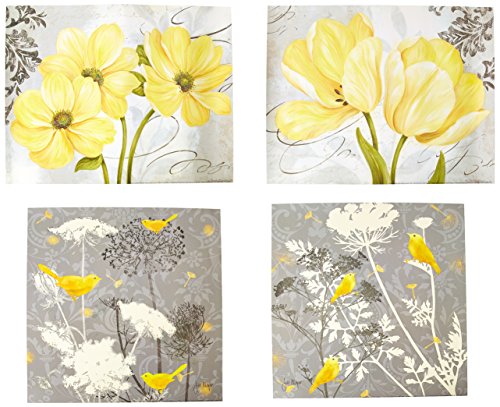 Gango Home Decor Beautiful Grey & Yellow Poster Set; Birds and Flowers; Two 12x12in and Two 14x11in Unframed Poster Prints