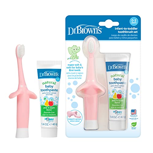 Book Cover Dr. Brown's Infant-to-Toddler Training Toothbrush Set with Pear & Apple Fluoride-Free Toothpaste 1.4 oz, Soft for Baby's First Teeth, Pink Elephant, BPA Free, 0-3 Years