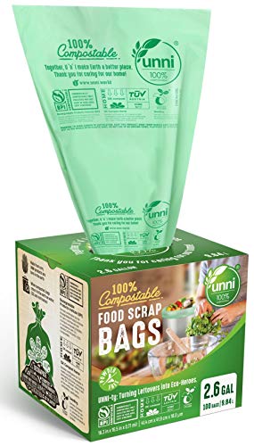 Book Cover UNNI 100% Compostable Bags, 2.6 Gallon, 9.84 Liter, 100 Count, Extra Thick 0.71 Mil, Samll Kitchen Food Scrap Waste Bags, ASTM D6400, US BPI and Europe OK Compost Home Certified, San Francisco