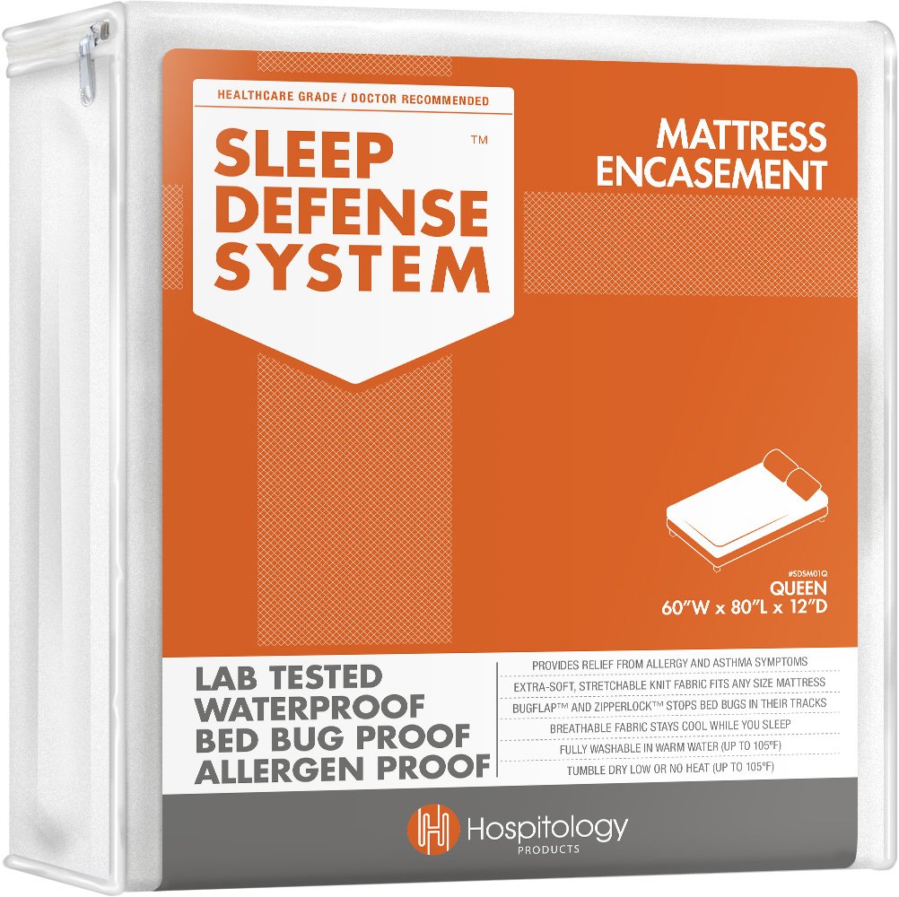 HOSPITOLOGY PRODUCTS Sleep Defense System - Zippered Mattress Encasement - Queen - Hypoallergenic - Waterproof - Bed Bug & Dust Mite Proof - Stretchable - Standard 12" Depth - 60" W x 80" L