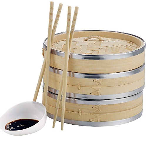 Book Cover VonShef Premium 2 Tier Bamboo Steamer with Stainless Steel Banding Includes 2 Pairs of Chopsticks and 50 Wax Steamer Liners, Perfect For Steaming Dim Sum Dumplings Buns Vegetables Fish Rice, 10 Inches