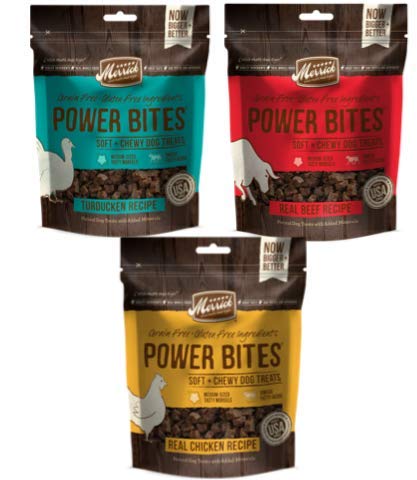 Merrick Power Bites Grain Free Soft Training Treats 3 Flavor Variety Bundle: (1) Real Beef Recipe, (1) Real Chicken Recipe, & (1) Turducken Recipe, 6 Oz. Ea.