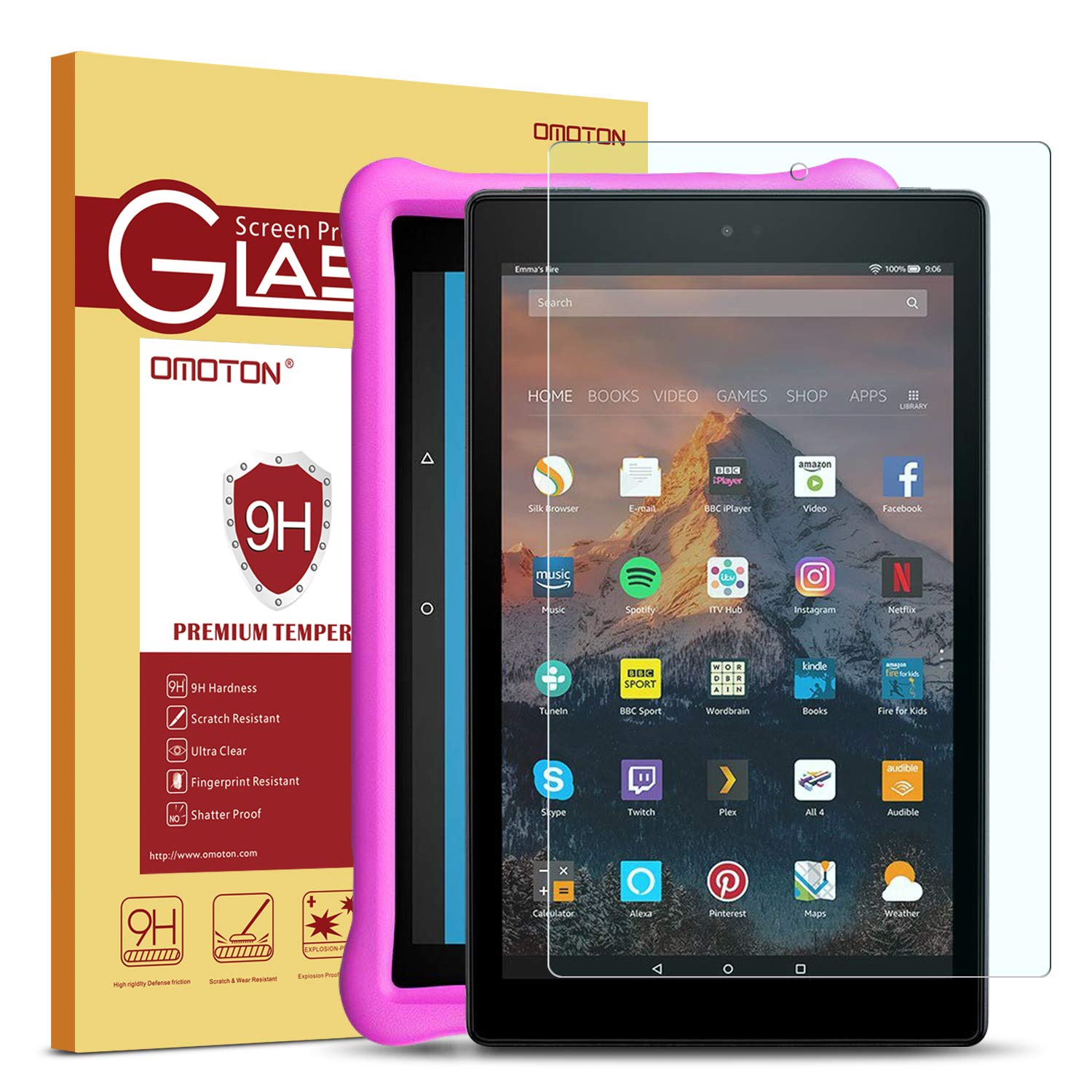 Book Cover OMOTON Screen Protector for Fire HD 10 / Fire HD 10 Kids Edition 9th and 7th Generation (2019 and 2017 Release), Tempered Glass/HD / 9H Hardness