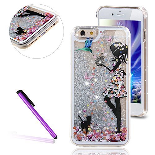iPhone 6 Plus/6S Plus Case, EMAXELER 3D Angel Girl Brilliant Luxury Bling Glitter Liquid Floating Stars Moving Hard Case for iPhone 6 Plus/6S Plus+Send 1 Stylus Pen(Flower Girl Cat, Silver)