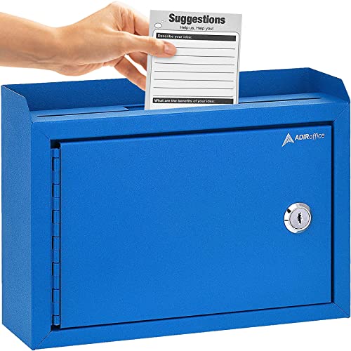 AdirCorp. Suggestion Box with Lock, Safe Wall Mounted Mail Box, Key Drop, Donation File and Money Organizer, 9.75x7x3 (Blue)