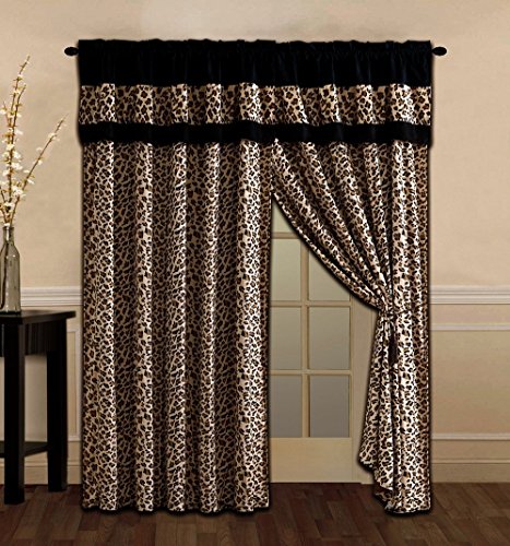 Book Cover 4 Piece Brown / Black Leopard Leopard Print Microfur Curtain set with attached Valance and Sheers