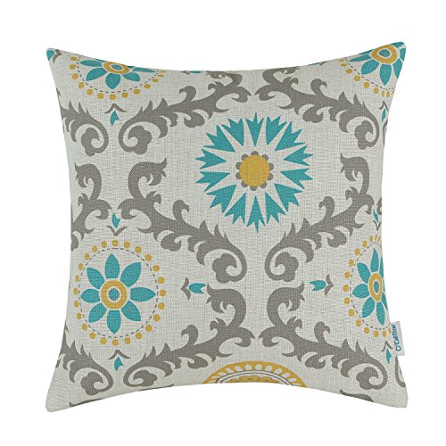 Book Cover CaliTime Canvas Throw Pillow Cover Case for Couch Sofa Home Decoration Three-Tone Dahlia Floral Compass Geometric 18 X 18 Inches Turquoise/Yellow/Gray