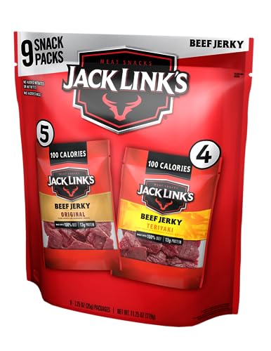 Book Cover Jack Linkâ€™s Beef Jerky Variety Pack Includes Original and Teriyaki Beef Jerky, 13g of Protein Per Serving, 94 Percent Fat Free, No Added MSG, (9 Count of 1.25 Oz Bags) 11.25 Oz